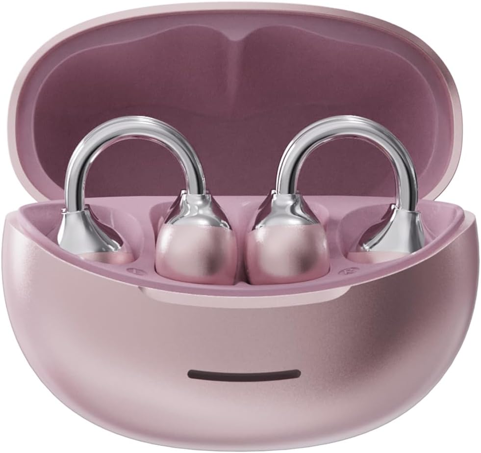 Open Ear Clip Headphones, Bone Conduction Earbud, Wireless Bluetooth Earbuds 6.0, ENC Noise Cancelling Earphone, 50H Playtime, IPX5 Waterproof for Sports/Running/Gym & Small Ears (Pink)