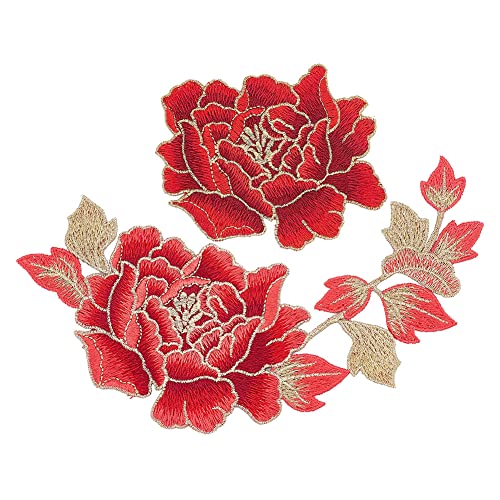 NBEADS 2 Pcs Embroidery Peony Flowers Patches, 2 Styles Sew on Peony Floral Patches DIY Embroidered Appliques for Clothes Decoration Repair Sewing Craft, Dark Red