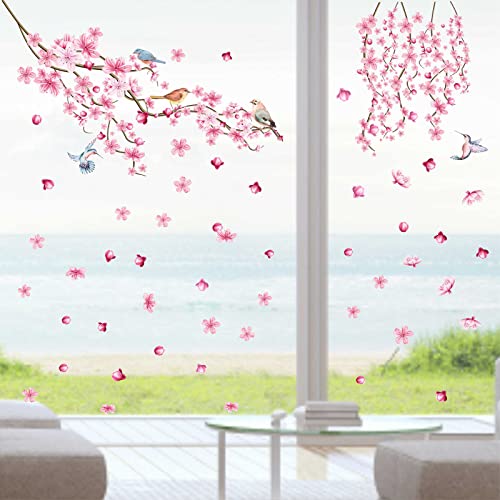 Cherry Blossom Flower Wall Stickers Tree Branches Wall Decals Pink Floral Wall Decals Watercolor Birds Flower Wall Decals For Girls Room Bedroom Living Room Nursery Decor #TOP4