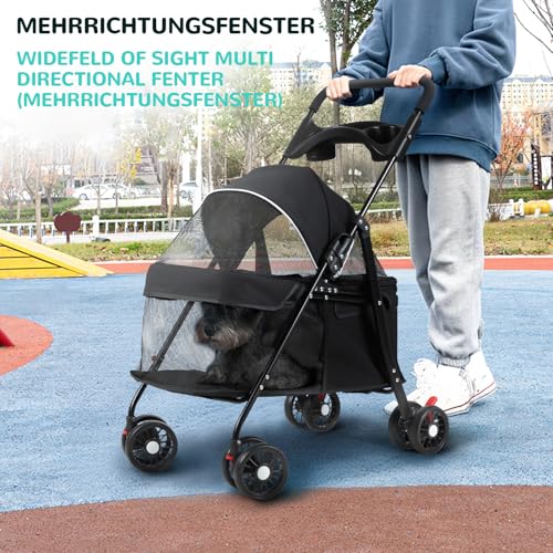 2-in-1 Hundebuggy bis 15 kg – Hundewagen & Katzenwagen klappbar mit Feststellbremse, Getränkehalter & Stauraum, Faltbarer Hunde Buggy für Reisen & Spaziergänge, 49.5×69.5×98 cm