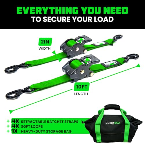 Image of Rhino USA Retractable Ratchet Straps (4-Pack) - 2 Inch x 10 Feet (3,033lb Break Strength) - Heavy Duty Auto Self Retracting Tie Down Straps for Truck, Cargo Trailer, Motorcycle, Rad & More - Green