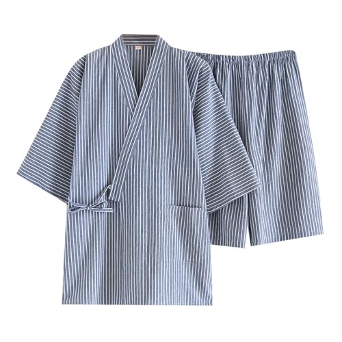 Classical Traditional Japanese Style Pajamas, Stylish Cotton Bathrobe Kimono Pajamas Casual Clothes for Men and Women, Blue Stripe