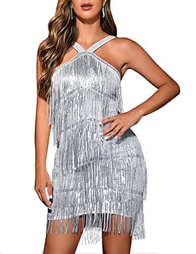 Halter Criss Cross Sequins Dresses for Women Mini Cocktail Dress Prom Dresses 1920s Fringe Dress(Silver,S) : Clothing, Shoes & Jewelry