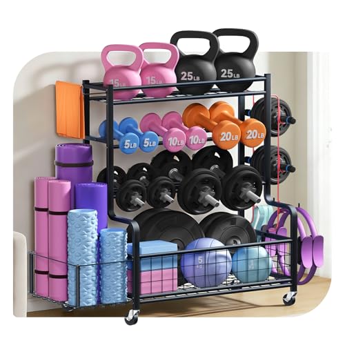 4 Tiers Large Capacity Dumbbell Rack [Thickened High-Strength Steel] Home Gym Storage for Dumbbells Kettlebells Yoga Mat and Balls, All in One Workout Storage Rack with Wheels and Hooks