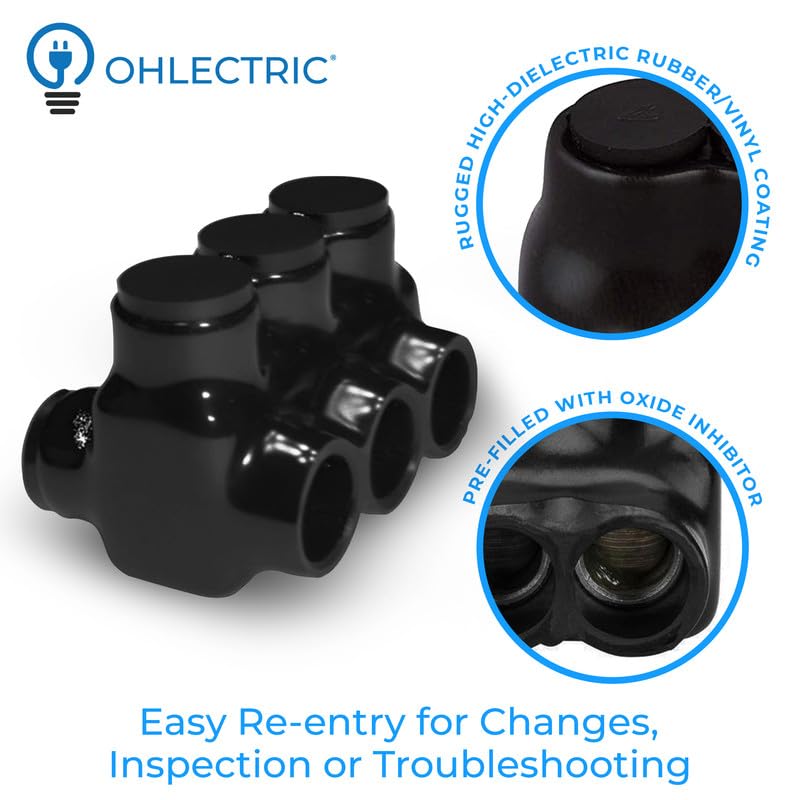 OHLECTRIC 4 Pack - Dual Side Entry - 3 Port - 3/0-6 AWG - Black Insulated Connector - 7/32 Hex Screw - Pre-Filled with Oxide Inhibitor - Rubber/Vinyl Coating, 6061-T6 Aluminum CU9AL