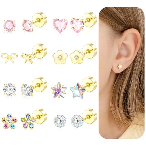 Toddler Earrings 14k Gold Hypoallergenic Screw Back Earrings for Girls Kids Baby Women Lightweight Surgical Stainless Steel Flower Bow Pink Heart Star CZ Flat Back Stud Earring for Sensitive Ears (Gold)