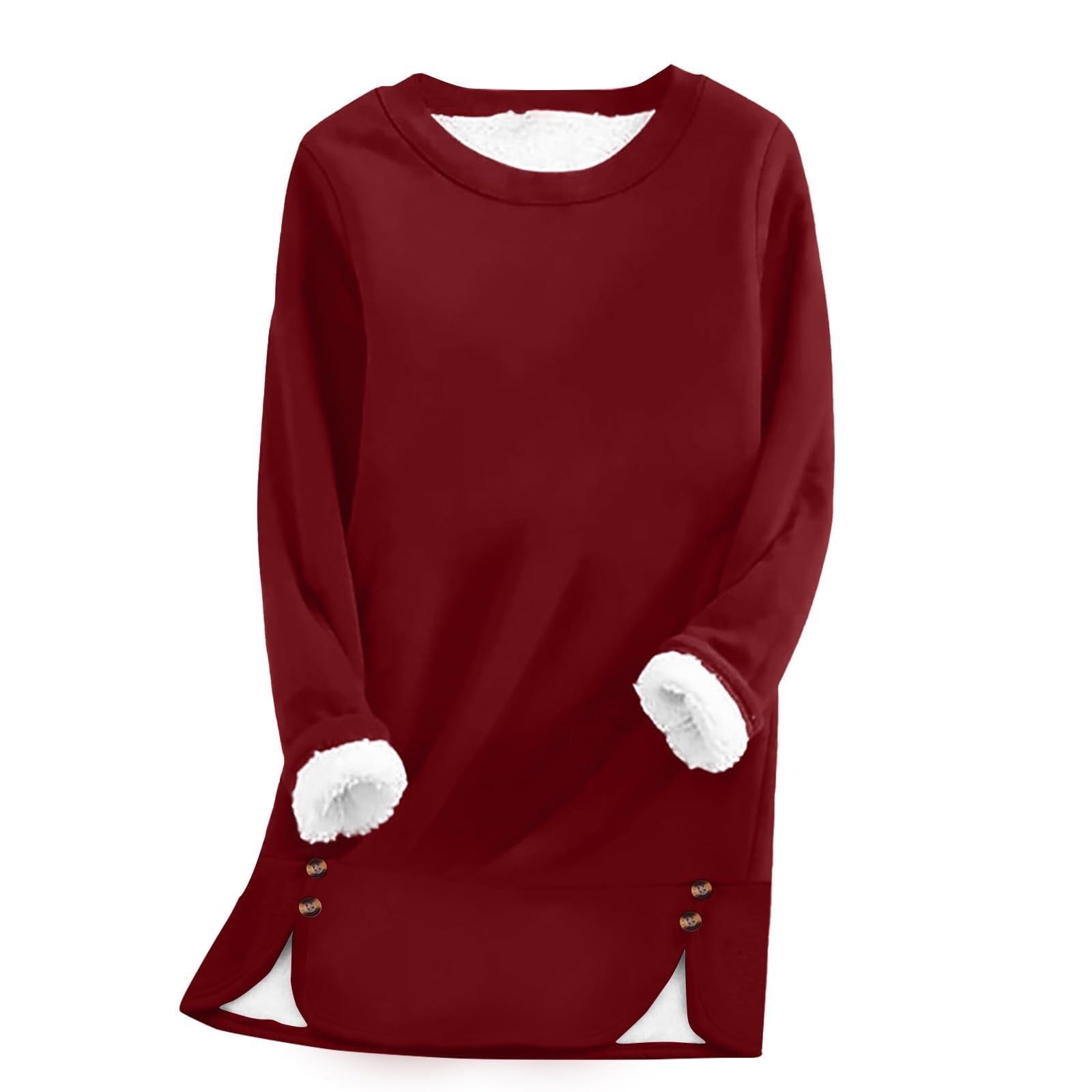 Womens Warm Sherpa Lined Sweatshirt Long Sleeve Crewneck Fleece Pullover Winter Thermal Cozy Fuzzy Sweater Loungewear