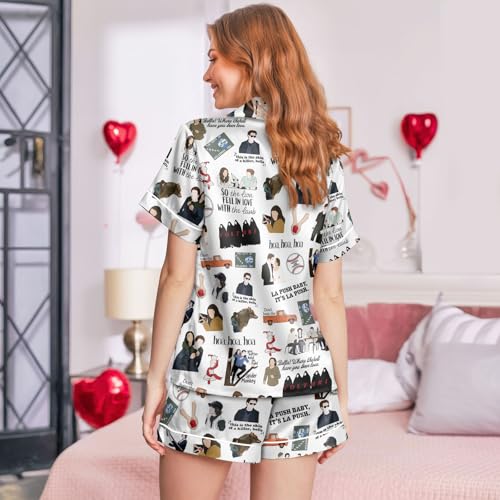 Image of Women 2PCs Satin Pajama Set Short Sleeve Silk Feel Gift Sleepwear | Soft stretch satin; relaxed comfort fit sizes S-3XL for sleep & lounge; short sleeve top, elastic waist shorts; easy care