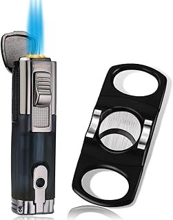 Cigar Lighter and Cutter Gift Set Torch Lighter Windproof Triple 3 Jet Flame Lighter Butane Refillable with Built-in Cigar Punch Lighter and Cutter Sets Gift Box Pack Valentine's Gifts (Black+Cutter)
