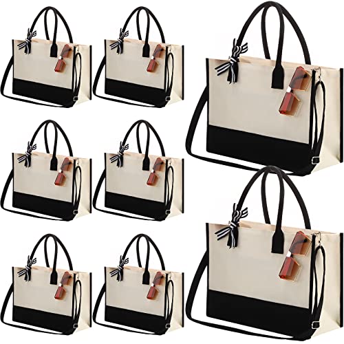 Aoriher 8 PCS Canvas Tote Bag with Shoulder Strap Zipper Opening Grocery Tote for Women Birthday Bridesmaid Gift Bag(Black)
