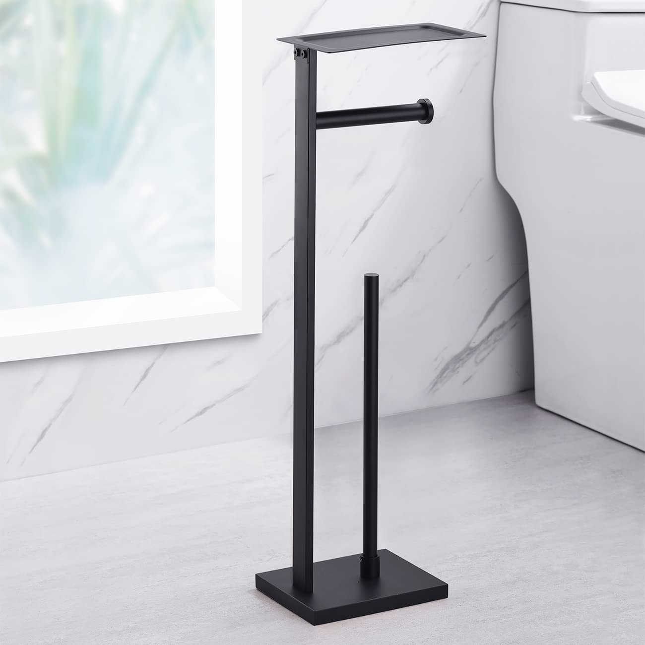 Miyili Portarotolo autoportante nero opaco con mensola, dispenser di carta per asciugamani di carta organizer per bagno stile quadrato, F04B2