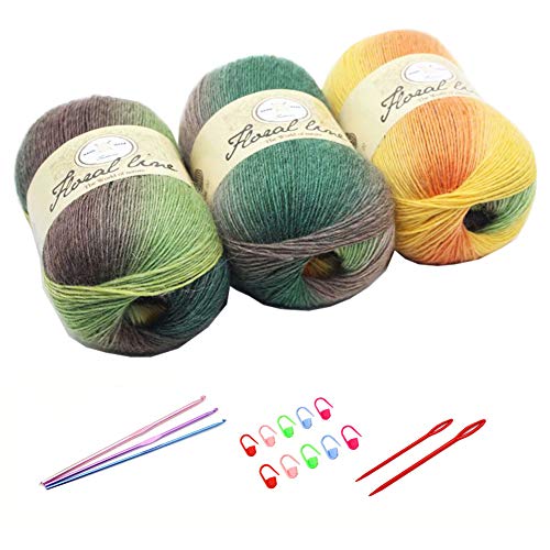 3X 100g Rainbow Wool Yarn Balls Chunky Knit Double Pom Pom Coloured Chunky Wool with 3 Crochet Hooks, 2 Needles