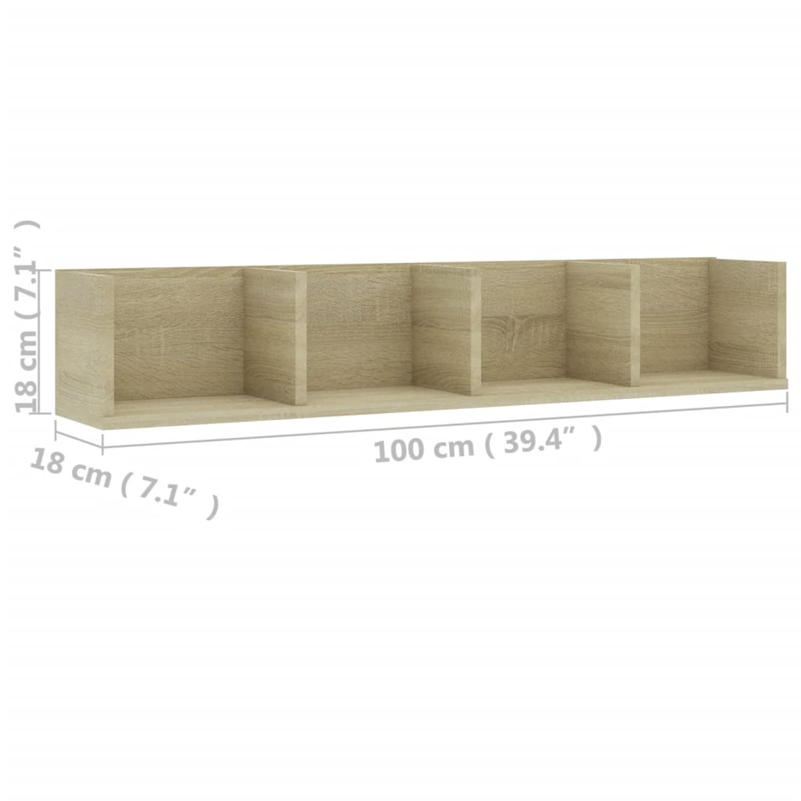 Scaffale Porta CD/Dvd da Parete, Rovere Sonoma, Legno Multistrato, 4 Scomparti Aperti, 100x18x18 cm, Portata 40 kg, Mobile per Collezioni