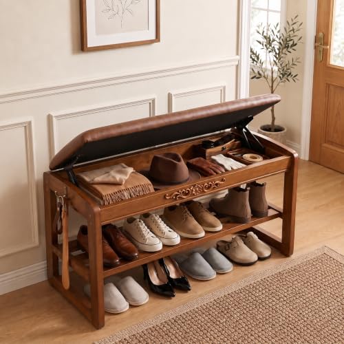 Shoe Storage Bench Shoe Rack Bench with Storage 2 Tier Wooden Shoe Rack | Solid wood shoe bench flip-top storage cushioned seat weight capacity of 550 lb side hooks walnut finish 31.5″ W