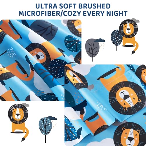 Image of Viviland 3 Pieces Boys Blue Twin Sheet Set - Soft Microfiber Fitted Flat Sheets & Pillowcase - Lion Tree Bedding Sets - for Kids & Toddlers