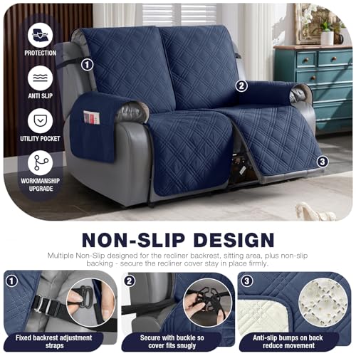 Image of TAOCOCO 100% Waterproof Oversized Loveseat Recliner Cover, Non Slip Split Couch Covers for Reclining Loveseat with Elastic Straps for Kids Pets(Oversized 2 Seater, Navy Blue)