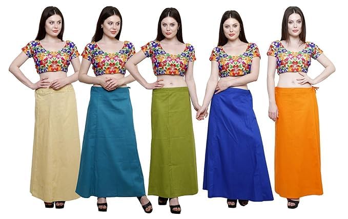 Image of Vlazom Women's Cotton Saree Petticoat - Pack of 5 Inskirts | Soft & Breathable Underskirts | Adjustable Drawstring Waist | Multicolor for Daily & Occasion Wear