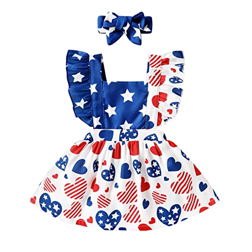 Happy Town Infant Baby Girl 4Th Of July Star Stripe Dress Independence Day Kids Ruffle Sleeveless Backless Summer Dress(Hearts, 6-12 Months) #TOP28
