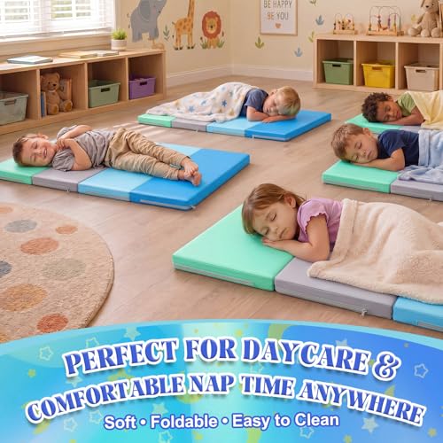 Image of Wesiti 1 Pcs Nap Mats for Preschool 1.37 Inch Thick 47x24 Folding Rest Mat 4 Section, Sleeping Pad for Kids Children Daycare Nap School Classroom Kindergarten Daycare Travel Home Green Blue