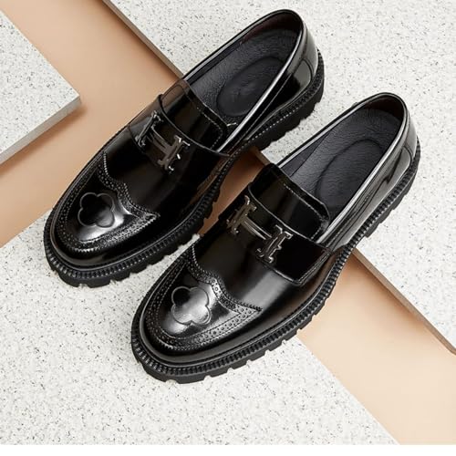 Men's Fashion Brogue Leather Lug Sole Loafers,Round Toe Platform Comfort Slip on Dress Shoes2