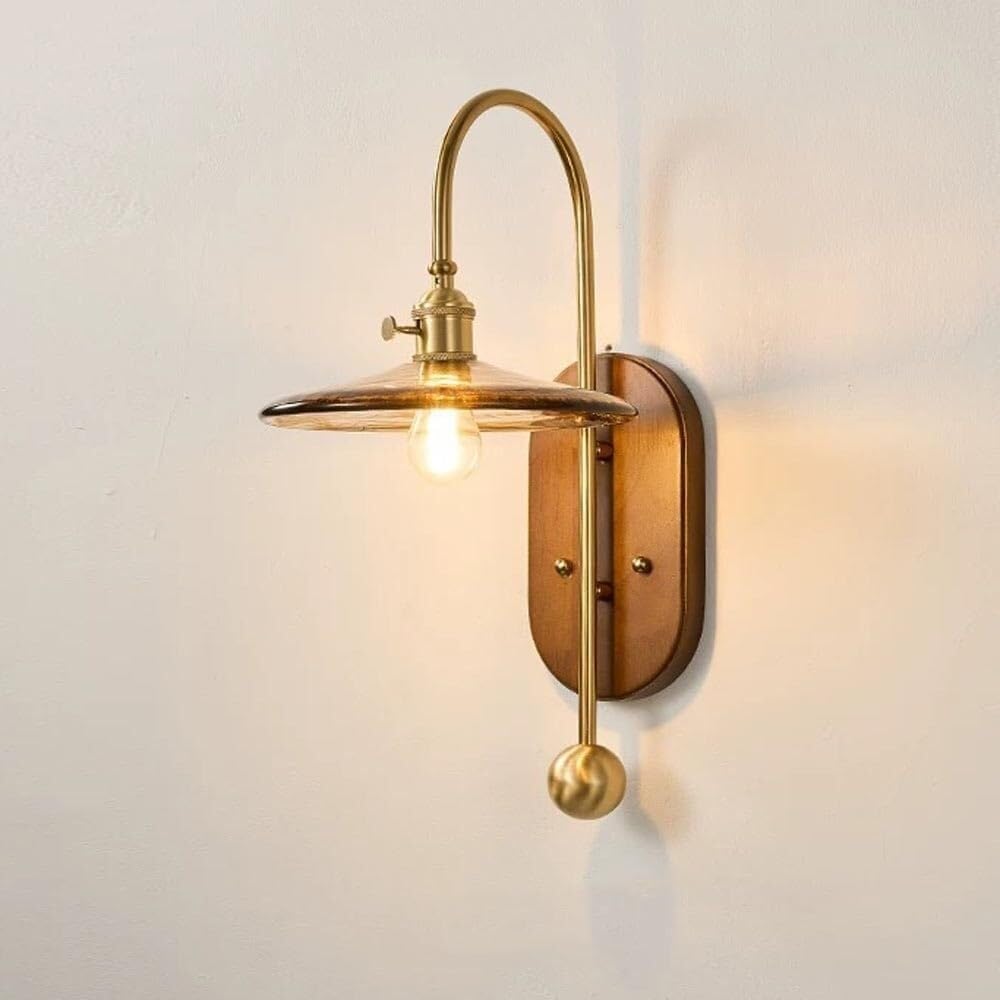 CWCQGH Retro Wood Wall Lamp Modern Antique Brass Finish Wall Light Hand-Blown Glass Shade, Wabi Sabi Nordic Solid Wood Wall Sconce for Bedroom Bedside Study Stairs Hallway Kitch,C