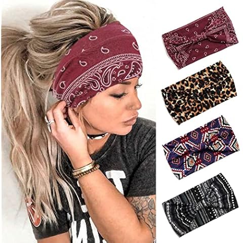 Aceorna Boho Headbands Wide Bandeau Hair Wraps - Knot Turban, Leopard Print, Twist Elastic Yoga Sweatbands, Stylish for Women and Girls - 4 Pcs (Set c) Cover