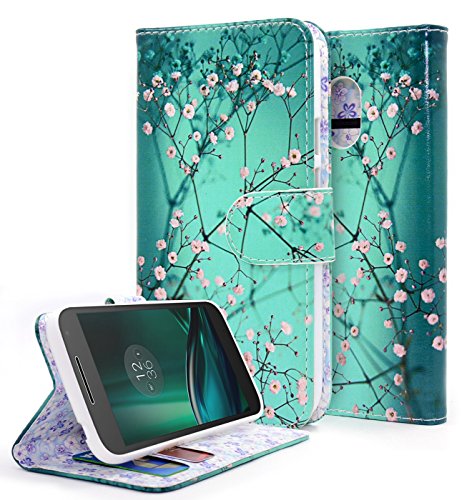 NageBee Moto G4 Play Case, [Kickstand Feature] Premium PU Leather Flip Fold Wallet Case with [ID&Credit Card Slot] for Motorola Moto G4 Play (2016) / Moto G Play 4th Gen - Plum Blossom