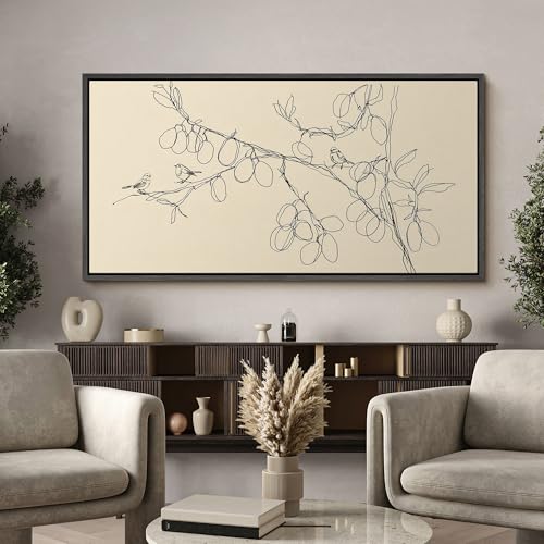 Image of MUDECOR Extra Large Framed Canvas Print Wall Art Simple Line Art Birds on Branch Botanical Minimalist Antique Retro Ready to Hang Painting for Living Room Bedroom Multi-Sizes - 60 inchx30 inch