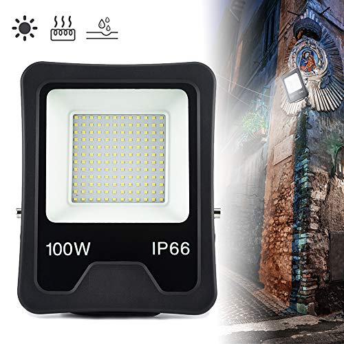 Preisvergleich Produktbild Froadp 100W LED Außenstrahler Tragbar Scheinwerfer Aluminiumgehäuse Flutlicht IP66 Wasserdicht Überspannungsschutz Sicherheitsbeleuchtung mit Blitzschutz für Gärten Villen Parks Stadien(Kaltweiß)