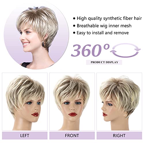 SEVENCOLORS Perucas curtas loiras com corte pixie para mulheres brancas, loiras, marrons, sintéticas