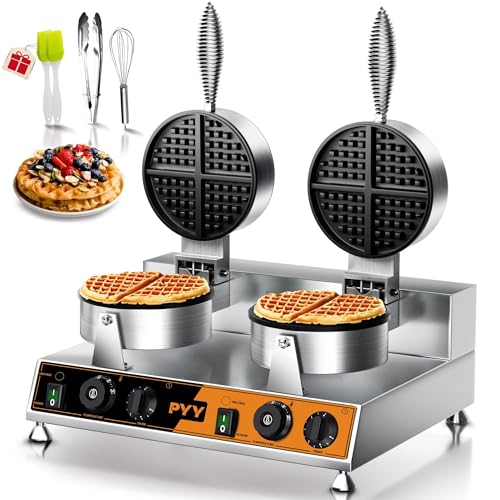 Image of PYY Commercial Double Waffle Maker, 2500W Belgian Waffle Iron with Stainless Steel Nonstick Plates, Dual Temperature & Timer Control, for Restaurant, Food Truck, Catering and Home Use, Silver Orange
