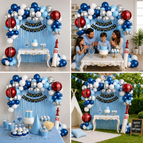Image of Cricket Theme Birthday Decoration Kit Pack of 46 Pcs for Boys & Kids Bat and Ball Foil Balloons Birthday Party Decoration