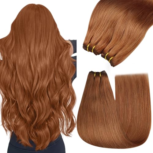 Image of YoungSee Sew in Extensions Copper Weft Hair Extensions Colorful Human Hair Weft Extensions Light Copper Long Straight Hair 100G 24Inch