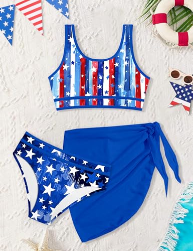 Image of Girls Swimsuit Double Strap High Waist Sporty Bikini Swimsuits Swim Cover Up Skirt 3 Piece Set