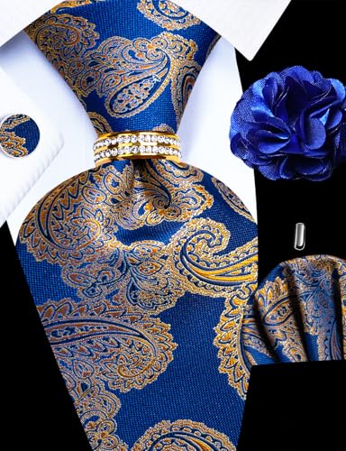 Image of 5PCS Mens Silk Designer Tie, Pocket Square, Cufflinks, Drilled Tie Ring and Lapel Pin Set for Wedding Groom Party