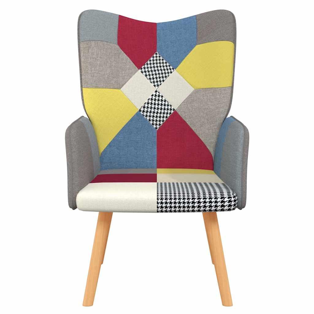 Poltrona relax con tessuto patchwork colorato, 61,5 x 69 x 95,5 cm, in legno massello e acciaio, design confortevole, per camera da letto e sala da pranzo