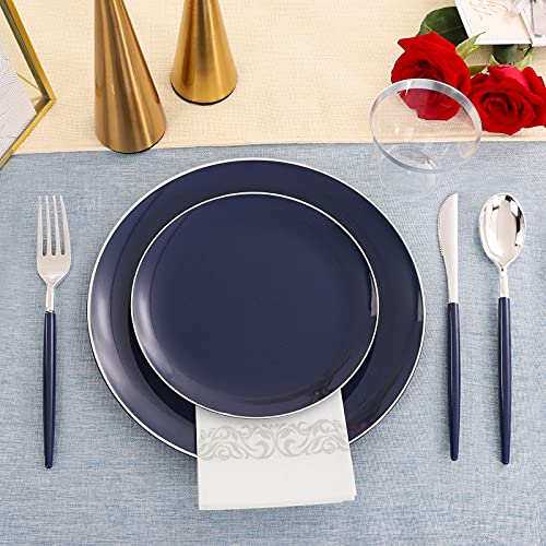 Kire 175Pcs Blue Plastic Plates With Silver Rim & Disposable Silver Plastic Silverware With Blue Handle & Silver Rim Cups & Hand Napkin- Blue Plastic Dinnerware For 4Th Of July #TOP2