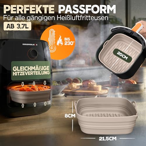 KNUSPERLIEBE® Silikonform-Set faltbar & extra dick für Heißluftfritteusen ab 3,7L-8L mit Zubehör | Airfryer Silikoneinsatz, BPA-FREI, Für Ninja SL400, Phillips, Cosori