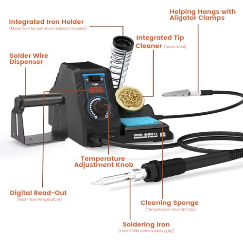 Image of 926LED V3 Entry-Level 60W Soldering Station Iron Kit in Black with Temperature Control includes Helping Hands, Lead-Free Solder, 6 Soldering Tips, ESD-Safe Tweezers, Sleep Mode