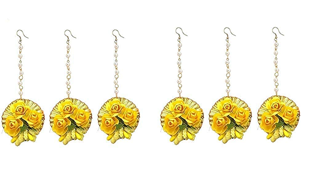 Flower Maang Tikka Jewellery Set for Wedding | Baby Shower | Haldi | Mehandi | Party in Yellow and Golden Colour for Girls and Women(Combo of 6) (B08Y31XWWB) Amazon Price History, Amazon Price Tracker