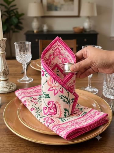 Image of BLOCKS OF INDIA Hand Block Print Cotton Table Napkin Set of 6 (Pink JAAL)