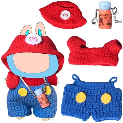 Pure Handmade 2025 New Doll Outfit for 17cm Doll Lubb, Red Plumber Adventure Costume Set with Sun Bucket Hat, Blue Sling-Back Pants & Kettle Accessory, 4 Pieces Fits 6.7 Inch Dolls
