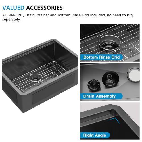Image of 27 inchx19 inch Gunmetal Black Undermount Workstation Kitchen Sink | 16 Gauge T304 Stainless Steel Deep Single Bowl Basin with Integrated Ledge, Round Corners, Under Counter, Nano-PVD Finish