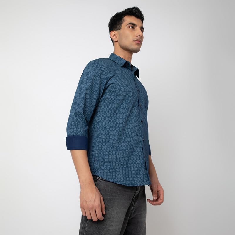 Image of MARK & ALBERT Men's Printed Full Sleeves Regular Fit Shirt Blue | 100% Cotton Stretchable Fabric