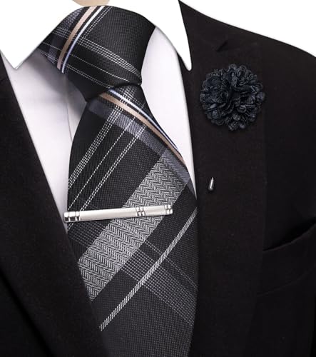 Image of Hi-Tie 63 inches Striped Paisley Extra Long Ties for Men Silk Necktie with Lapel Pin Tie Clip Big and Tall Men Formal Wedding