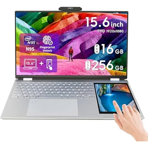 BINTEC 15.6 Inch LCD Screen + 7 Inch Touch Screen Dual Screen Laptop Computer for College Student & Business,16GB DDR4,Quad-Core Celeron N95 up to 3.4GHz,Windows 11 Silver/ 256G SSD Cover