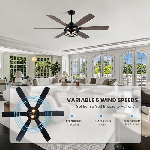 Image of Dawn Whisper 60 Inch Farmhouse Ceiling Fans with Lights and Remote Large Black Caged Rustic Chandelier Ceiling Fan for Bedroom Living Room Quiet and Reversible DC Motor 6 Speeds