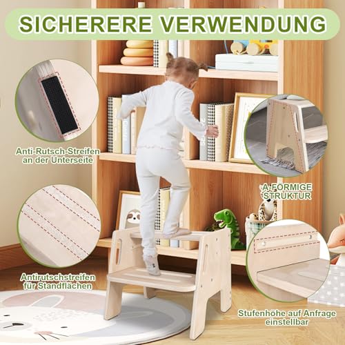 Kottwca Tritthocker Kinder 2 Stufen, rutschfest tritthocker Holz mit Griff,Stabiler tritthocker, Tragfähigkeit bis zu 150KG, Kinder fußbank für Bad, Waschbecken, Küche, Kinderzimmer, Schlafzimmer