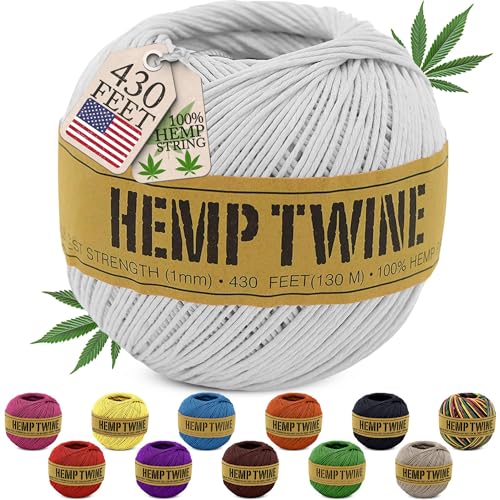 Hemp Twine for Gardening - Twine for Crafts - Organic Natural Hemp String for Jewelry Making - Strong Durable Cord for Decoration, Macrame + Cooking - 1MM, 100G/430 Ft. - 20 lb. Test Strength - White