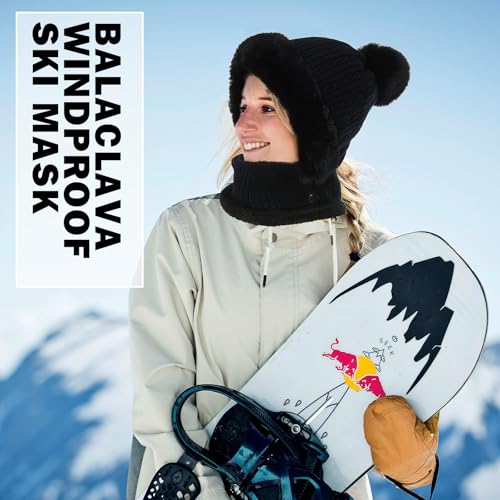 TAGVO Hiver Chaud Tricoté Bonnet Et Ensembles De Cache-Cou, Balaclava Chapeau Bonnet Tricoté Flexible Avec Boule De Poils, Cagoule Tricoté Femme pour Les Sports De Plein Air Taille Unique, Noir – vue 6